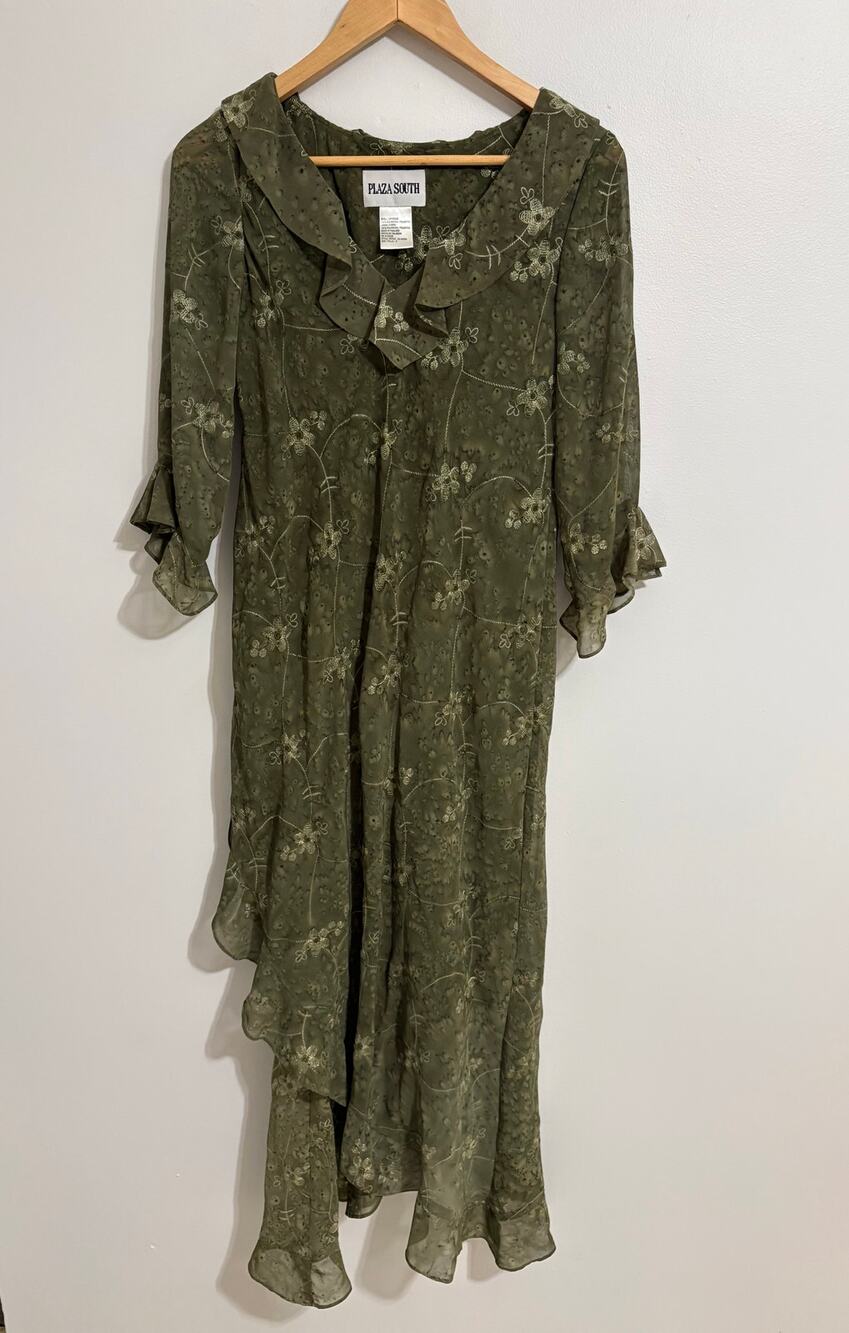 Plaza South Women's Whimsy Olive Green Size 6 Floral Long Fairy Dress Cottage